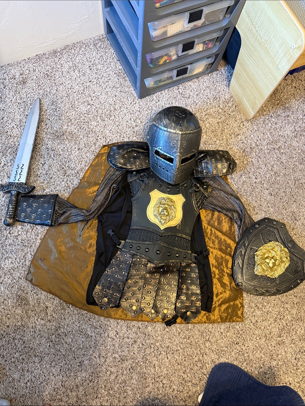 Kids Knight Costume Set with Gold Lion Crest - Helmet, Shield, Sword, Cape